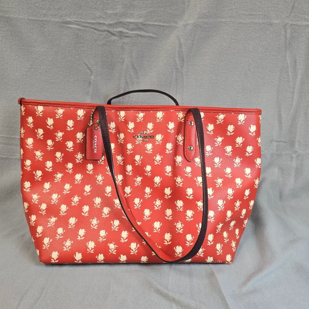 Coach City Tote Red Floral Rose Print Crossgrain Leather Shoulder Bag 57526